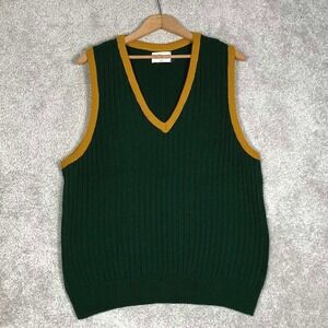 Vintage Donegal Mens V-Neck Sweater Vest Green Gold Ribbed Knit Acrylic Size M